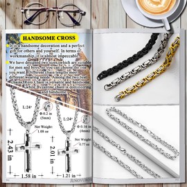 JUNOVUROS Cross Pendant Necklace for Men, Jesus Christ 316L Stainless Steel 20 to 28 In Rolo/24 In Byzantine Chain, 2 Sizes of Religious Jewelry with Silver/Gold/Black/Multicolor