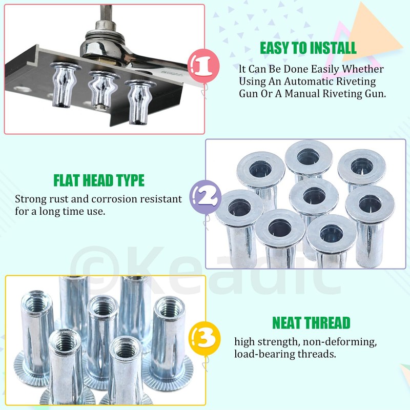 Keadic 15Pcs M8 Multi-Grip Rivet-Nut Pre Bulbed Threaded Inserts, Zinc