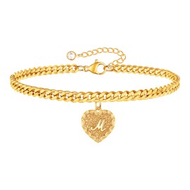 GLIJWELE Heart Bracelet Initial Bracelets for Women, 14k Gold Plated Heart Bracelet Cuban Link Gold Initial Bracelets for Women Letter M Charm Bracelets Kids Bracelets for Women Jewelry