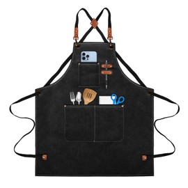 lompyeu Barbecue Apron for Men, Cooking Apron, Waterproof Apron with 3 Pockets, Canvas Apron, Denim Cooking Apron, Cross Back Design, Kitchen Apron for Men, Women, Kitchen, Restaurant, Cafe, black