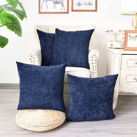 CaliTime Pack of 4 Cozy Throw Pillow Covers Cases for Couch Sofa Home Decoration Solid Dyed Soft Chenille 18 X 18 Inches Navy Blue