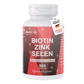 Biotin + Zink + Selen - 365 Tabletten - Haut, Haare & Nägel - Hochdosiert - 100% Vegan – Deutsche Produktion & Laborprüfung - NutriFair | Premium & Fair