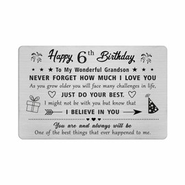 FALOGI Grandson 6th Birthday Card - Happy 6 Year Old Birthday Card for Grandson - Birthday Gifts for 6 Year Old Grandson, Metal Engraved Wallet Card
