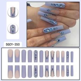 Press on Nails Long Square Fake Nails Blue French Tip False Nails with 3D Rhinestones Designs Glossy Full Cover Acrylic Stick on Nails for Women 24 Pcs (Blue-01, L-01)