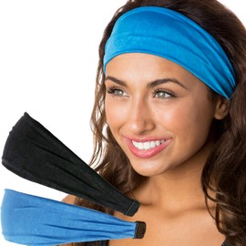 Hipsy Adjustable & Stretchy Crushed Xflex Wide Headbands for Women Girls & Teens (Crushed Blue & Black 2pk)