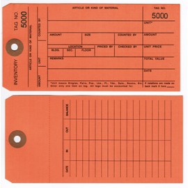 Inventory Tags, 1-Part, Orange, 6-1/4" x 3-1/8", Random Sequential Numbers, Perforated Stub, Fiber Reinforced Hole - Box / 1,000 Tags