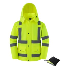 Ubon Men's Reflective Rain Jacket, Waterproof Hi Vis Rain Coat Safety High Visibility Raincoat with Detachable Hood, Yellow, 3X-Large