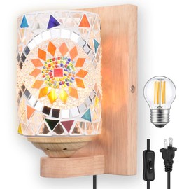 BARSUNS Vintage Multicolor Glass Bedside Wall Sconces, Retro Plug-in or Hardwire Vanity Light Fixtures, Bohemian Turkish Mosaic Style Shade Wall Lamp for Bathroom Bedroom Hallway Corridor