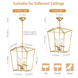 ANJIADENGSHI ​​Vintage Lantern Pendant Light 4 Light Lantern Chandelier Farmhouse Gold Pendant Light for Kitchen Island Entryway Dining Room Hallway Bar Cafe(Bulbs Not Included)