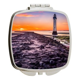 Island Gifting - 4 Inch Ceramic Tile Art - Lighthouse on Orange Sunset - Square Compact Mirror - Travel Mirror