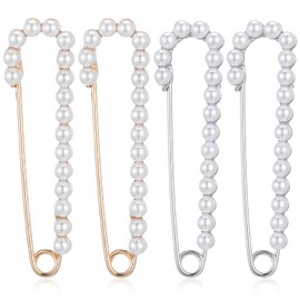 Nogeqi 4PCS Pearl Safety Pins for Clothes, Pearl Brooch Pins for Women, Decorative Sweater Dress Shirt Clips Shawl Scarf Pin for Clothing Decoration(Gold, Silver)