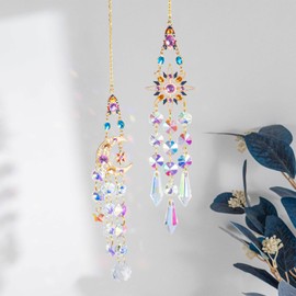 FOSDICK 2 Pcs Sun Catcher, Rainbow Suncatcher, Suncatchers for Windows, Sun Catchers for Windows, Hanging Crystals Ornament for Home Bedroom Patio Indoor Outdoor Garden Window Decorations(Stars, Moon)