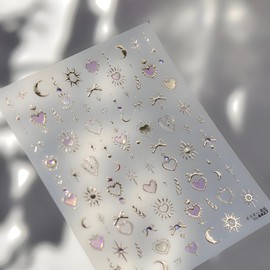 Moon Star Gold Nail Stickers for Nail Art Gold Bow Nail Stickers with Rhinestones Design 5D Self-Adhesive Purple Heart Sun Nails Supplies Decoration Accessories for Women and Girls