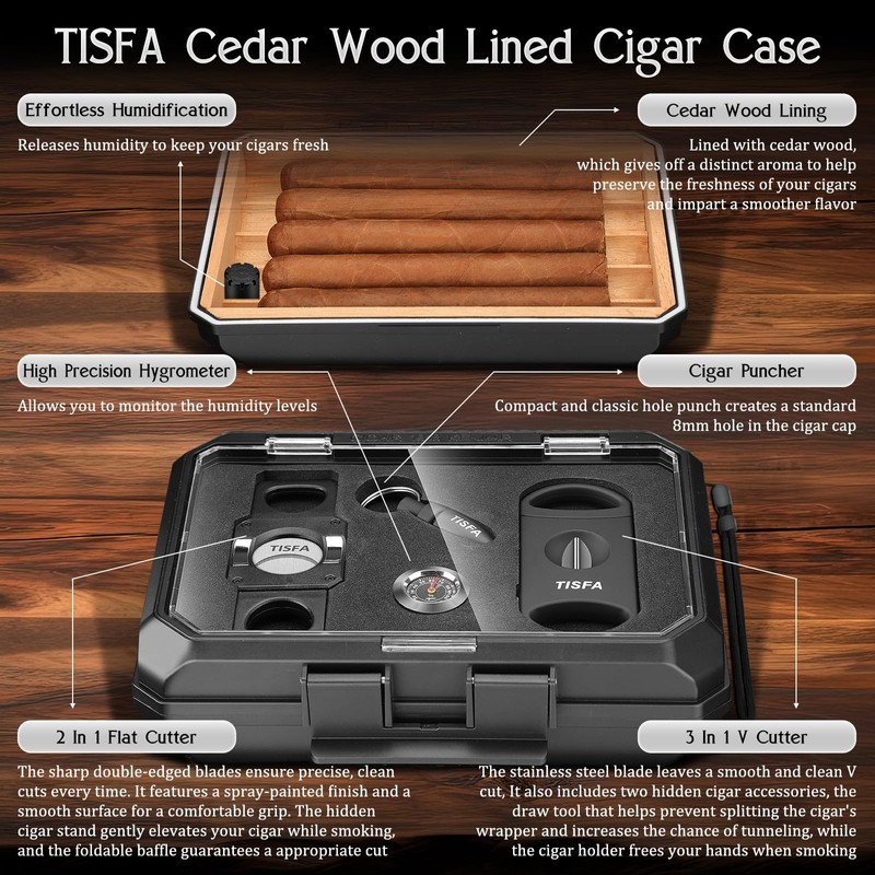 TISFA Cigar Humidor Set Travel Humidor for 5 Cigars Includes