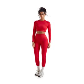 SUUKSESS Women 2 Piece Workout Sets Hidden Scrunch Hip Lifting Seamless Leggings Long Sleeve Yoga Crop Tops High Waisted Yoga Pants (Red, S)