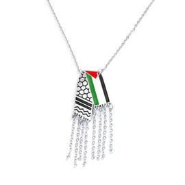 Palestine Flag Necklace for Women Men Exquisite Keffiyeh Pendant with Tassels Shining Rhinestone Necklace Gold Stainless Steel Jewelry Accessories Gifts (Palestine Flag Silver)