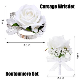 Vkkperp 2Pcs White Rose Corsage and Boutonniere Set, Corsage Wristlet Band for Prom Decorations, Artificial Boutonniere for Men Wedding Party Suit Flower Accessories