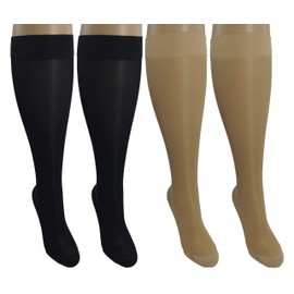 4 Pair Sheer Small/Medium Ladies Compression Socks, Moderate/Medium Graduated Compression 15-20 mmHg. Nurses, Work, Therapy, Travel & Flight Knee-High Hosiery. Colors: 2 Nude, 2 Black