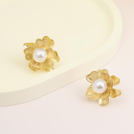 Atifober Gold Pearl Flower Earrings Large Pearl Stud Earrings S925 Sterling Silver Post Vintage Statement Chunky Flower Earrings Trendy Floral Earrings Jewelry Gifts For Women