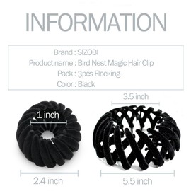 Sizobi 3Pcs Birds Nest Hair Clip, Hair Clips For Women, Expandable Hair Bun Maker Hair Accessories for Women Girls Adult, Ponytail Holders Hair Barrettes Scrunchies for Thin Thick Long Hair, Blcak
