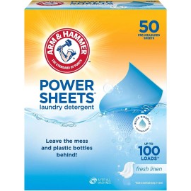 Arm & Hammer Power Sheets Laundry Detergent, Fresh Linen 50ct, up to 100 Small