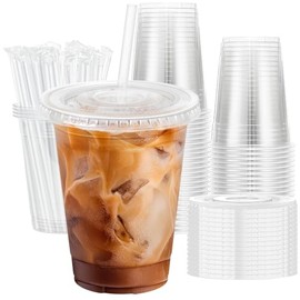 Lamosi 50 Pack 16 OZ Clear Plastic Cups with Lids and Straws, Disposable Iced Coffee Cups with Lids for To-Go Cold Drinks, Smoothies and Slushie