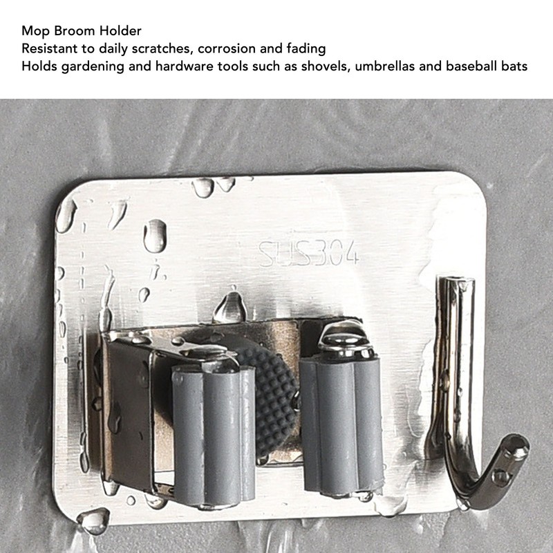 4Pcs Silver Mop Broom Holder with Hook Wall Mounted 304