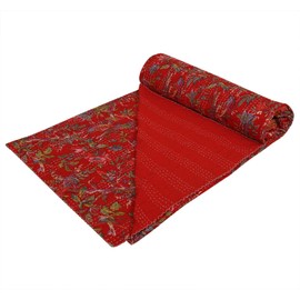 Radhykrishnafashions Indian Vintage Reversible Queen/Twin Bird Print Pure Cotton Kantha Quilt Blanket Bed Cover Sofa Cover Kantha Bedspread Bohemian Bedding (Red, Queen 90 x 108 Inches), RKV264