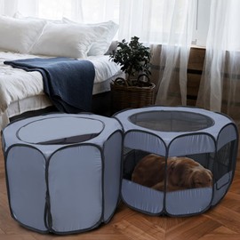 Puppy Playpen - Portable Cat Playpen - Collapsible Dog Crates for Small Dogs - Condo for Dog Cat Kitten Outdoor Indoor Play Tent Double Room Grey