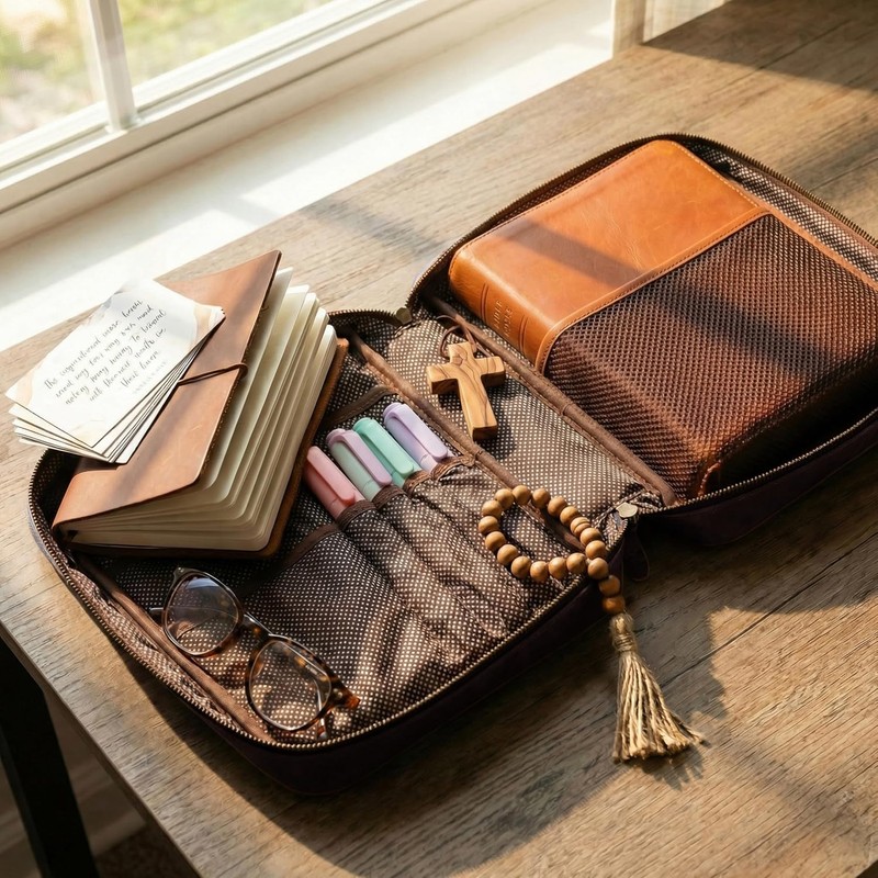 LEATHER VILLAGE Large Leather Bible Cover with Carry Handle &