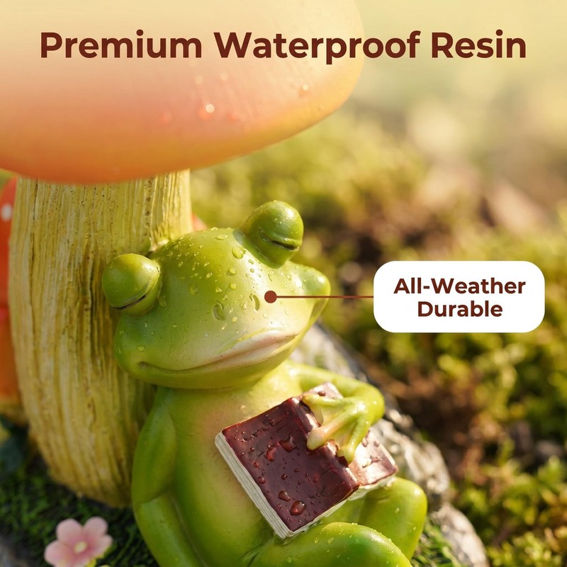 dojune Solar Powered Garden Mushroom Statue with Reading Frog, Outdoor
