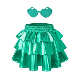 Perfashion Girls Skirt 3 Layers of Ruffles Sparkle Metallic Solid Color Skirt Green 10 11 Years