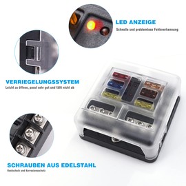 MICTUNING 6 Compartment Fuse Holder, Motorhome Boat Fuse Box 100 A with 30 Fuses and LED Label