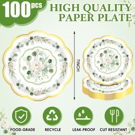 Funnymoom 100 Pcs Eucalyptus Floral Paper Plates 7 Inches Sage Green Disposable Dinner Plates Greenery Party Decorations for Tea Party Birthday Bridal Wedding Shower Party Picnic Supplies