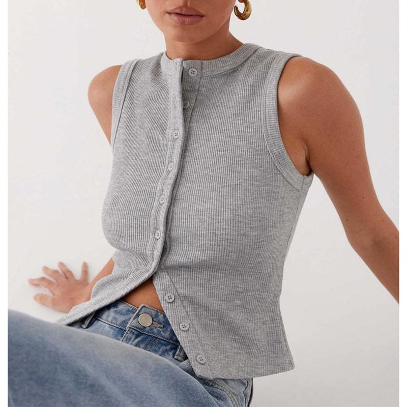 Women's Button Down Tank Top Sleeveless Ribbed Knit Cropped Vest