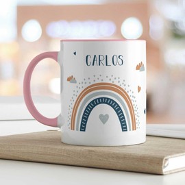 GRAVURZEILE Tasse für Kinder - im Regenbogen Design - Personalisiert mit Namen - Geschenk für Mädchen und Jungen zum Geburtstag - zur Kommunion und Konfirmation - Geburtstagsgeschenk - Rosa