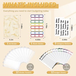 FLAFARY Budget Binder, Cash Envelopes for Budgeting, Money Organizer for Cash, 12Pcs Budget Binder with Cash Envelopes, Marble 6-Ring Money Saving Binder(Yellow)