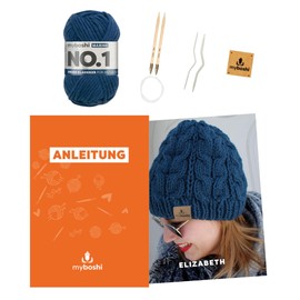 myboshi Elizabeth Advanced Hat Knitting Set Including No. 1 Wool, Needles, Instructions, Label, Knitting Pack, 70% Polyacrylic, 30% Wool (Merino Wool) Blue with Circular Knitting Needle
