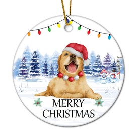 DOREENABE Cute Dog Wearing Santa Hat Christmas Light with Trees Ceramic Ornaments Circle Cute Dog Wearing Santa Hat Christmas Light with Trees Christmas Tree Hanging Ornament Holiday Decor Xmas Gifts
