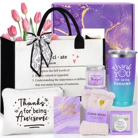 Suhctuptx Thank You Gifts for Women, Employee Appreciation Gift, Appreciation Basket for Coworkers Teachers Employees, Gratitude Box with Canvas Tote Bag Thank You for Being Awesome Tumbler Purple