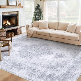 XLUEZ Area Rug 6x9 Living Room Rug, Machine Washable Vintage Distressed Medallion Rug Non-Slip Soft Low Pile Large Indoor Rugs for Bedroom Kitchen Dining Room Office(LightGrey,6'x9')