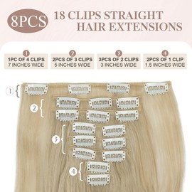 SEGOHAIR Hair Extensions Clip in 8Pcs 18 Clips Synthetic Fiber Seamless 17" Long Curl Full Head -Ash Blonde mix Bleach Blonde