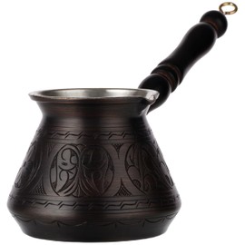 DEMMEX Thickest Copper Turkish Greek Arabic Coffee Pot, Stovetop Coffee Maker, Cezve Ibrik Briki with Wooden Handle & Wooden Spoon, Hand Engraved (Antique Copper, 15 fl Oz)