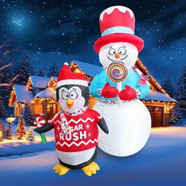 VOCADE 6FT Christmas Snowman & Penguin Inflatable Holding Lollipop Cute Blow Up Outdoor Christmas Decoration with LED Light for Indoor Outdoor Yard Garden Lawn Porch Xmas Holiday Party