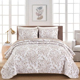 WONGS BDEEING Fall Quilt Queen Size, Brown Quilt Bedding Set with 2 Pillowcases, Botanical Quilt for Queen Bed, Soft Microfiber Lightweight Coverlet Bedspread for All Season (96"×90", 3 Pieces)