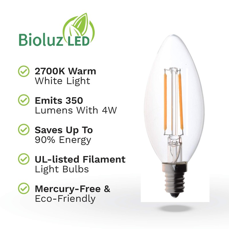 Bioluz LED 4W Filament Candelabra Bulb, E12 Base High Efficiency