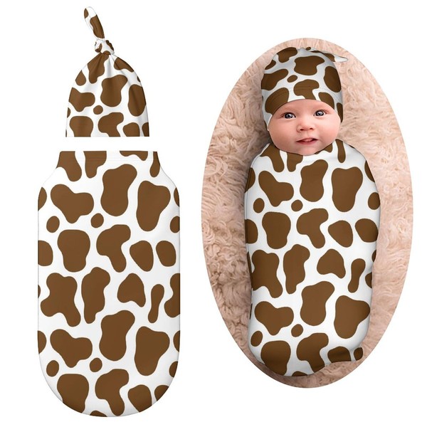 Qiohoey Pink Cow Print Newborn Baby Swaddle Blanket With Beanie