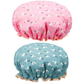 2Pcs Shower Caps - Bath Caps/Elastic Band Double Layers Shower Cap With Ruffled Edge Covering Ears/Waterproof Reusable Bath Hair Hat for Girls Women Ladies Spa Salon (Pink-Blue)