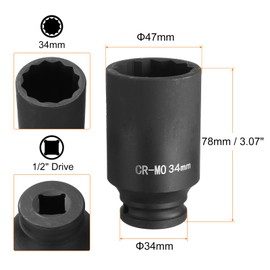 sourcing map 12-Point Deep Impact Socket 1/2 Inch Drive 34mm Metric Chrome Molybdenum Alloy Steel Spindle Axle Nut Impact Socket