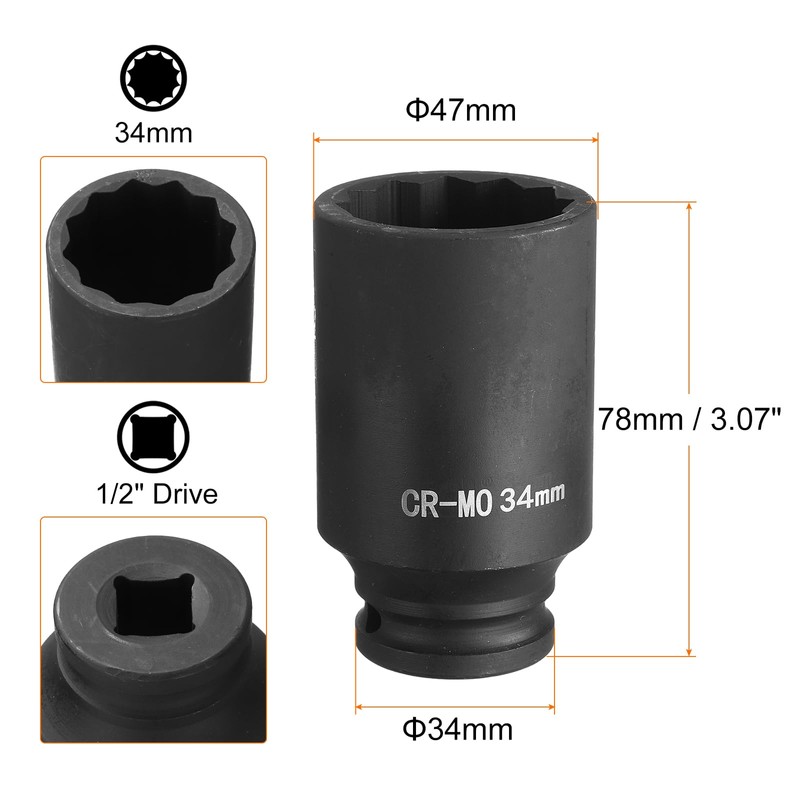 sourcing map 12-Point Deep Impact Socket 1/2 Inch Drive 34mm